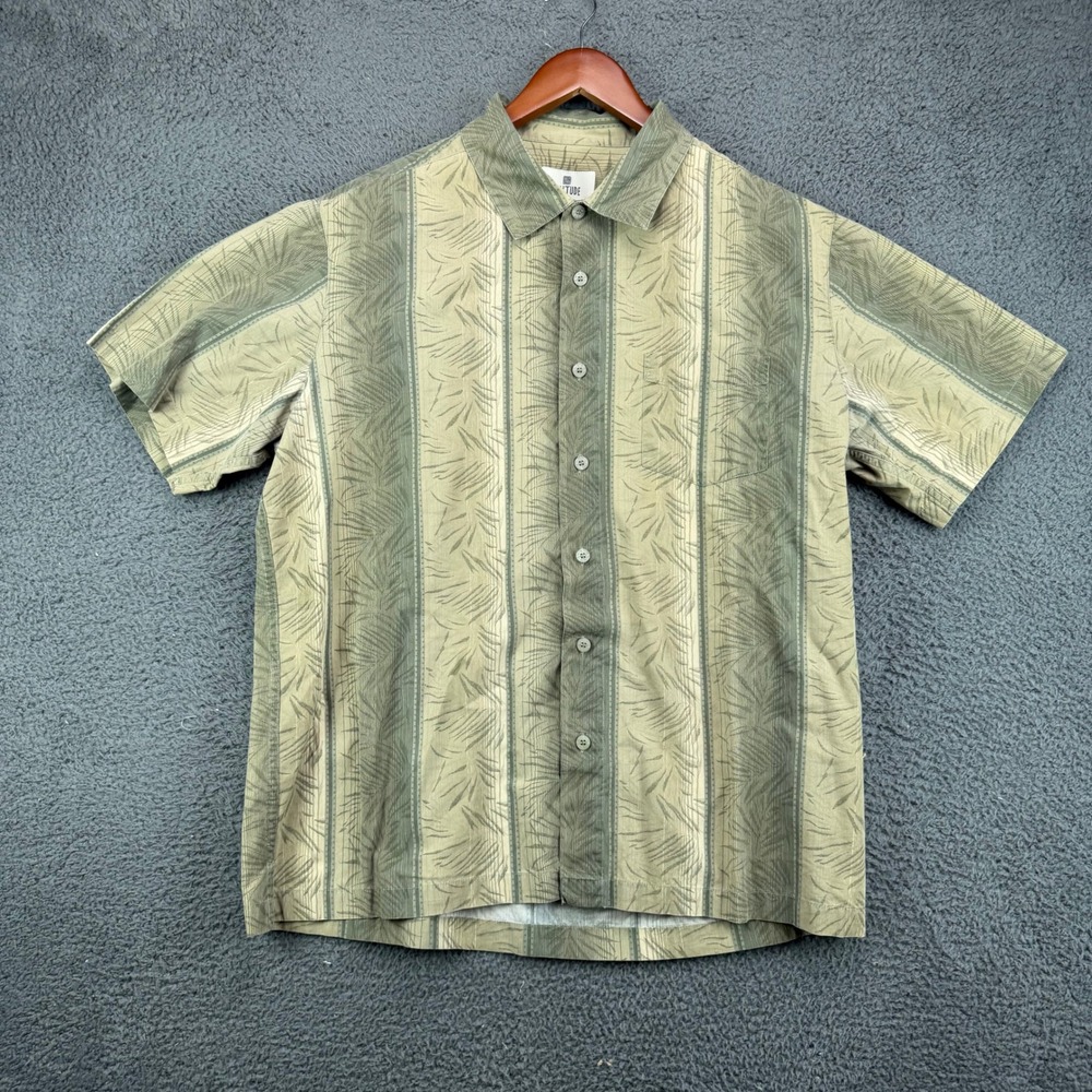 Solitude Mens Large Green Striped Tropical Palm Print Short Sleeve Button Shirt